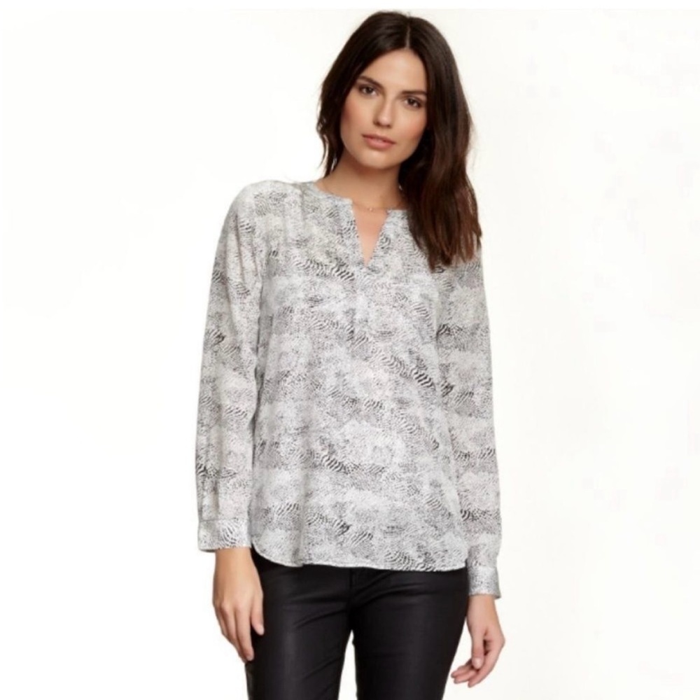 Joie Peterson B White & Black Spotted Split V Neck Long Sleeve Silk Blouse XS